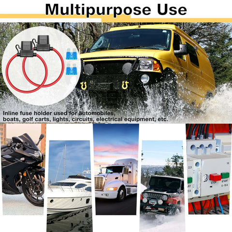 Image of Two Pack Inline Fuse Holders For 12V Systems With 16 AWG Wire Waterproof Fuse Holder Includes 15A ATC ATO Standard Blade Fuses Ideal For Automotive Marine Golf Cart Lighting And Electrical Circuits With Durable Copper Conductors, shown with various vehicles and electrical circuit board.