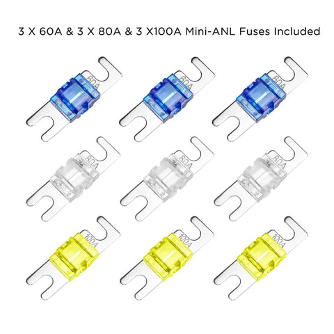 Inline Mini ANL Fuse Holder With Reducer Beefy Heavy Duty Build 1 X 4 To 8 Gauge In And 1 X 4 To 8 Gauge Out Three Pack Set Of 60A 80A 100A Fuses showing colored fuses