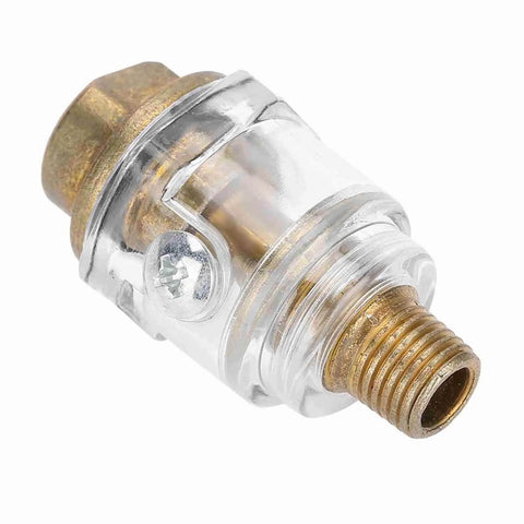 Transparent inline oil lubricator for tools and compressors with automatic lubrication system, showing brass fittings for workshop use.