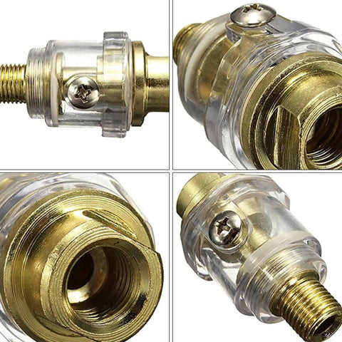 Close-up of Six Pack Inline Pneumatic Oiler Lubricator With Automatic Lubrication For Air Tools One Quarter Inch Inlet showing brass fittings.