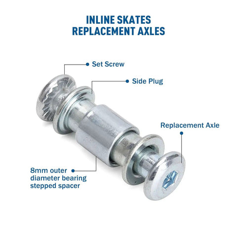 Inline Skate Replacement Parts Kit With Aluminum Alloy Shaft And Bearings Spacer For Smooth Spin 46 Piece Set Including Axle Axle Screw Side Plug Wrench And TOBWOLF Accessories showing replacement axle and parts labeled