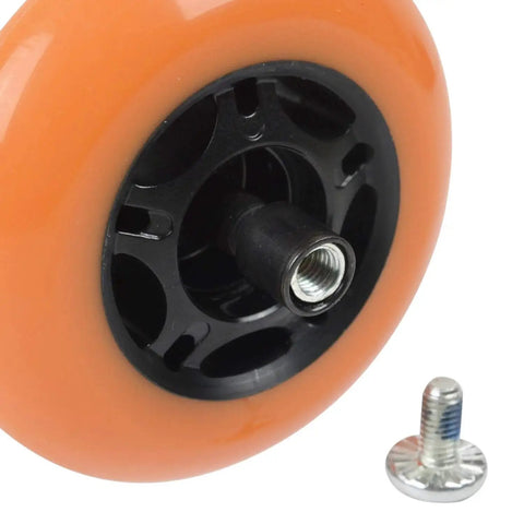 Orange inline skate wheel with 8mm Bearing Spacers for Inline Skates Set to Increase Spin Speed, visible axle and screw on white background