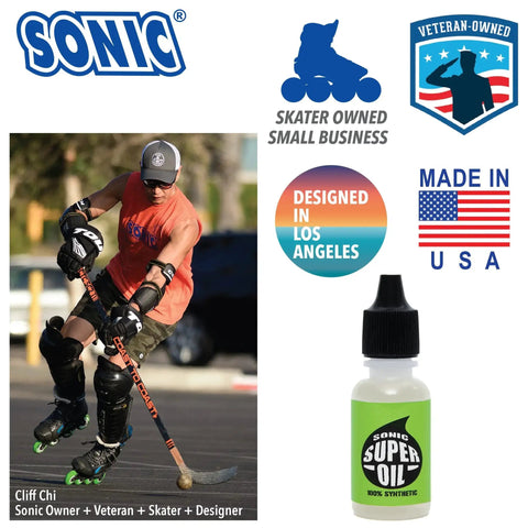 Ultra Slick Sonic Super Oil Skate Bearing Lubricant bottle with inline skater, skater-owned logos, Veteran Owned and Made in USA seals