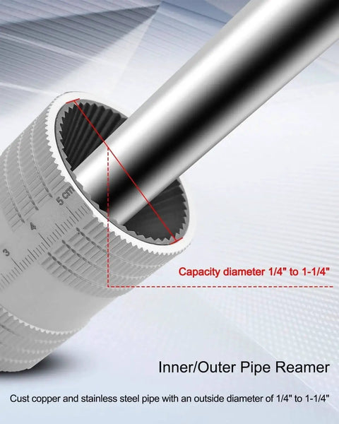 Handy Tube Deburring Tool For Quick Pipe Reaming And Beveling From One Quarter To One And A Quarter Inch Inner And Outer Cones With Forty Five Cutting Edges For Pro Grade Stainless Steel Copper Aluminum Brass And PVC Pipes close-up view showing inner cone with measurement scale, capacity marked as 1/4" to 1-1/4".