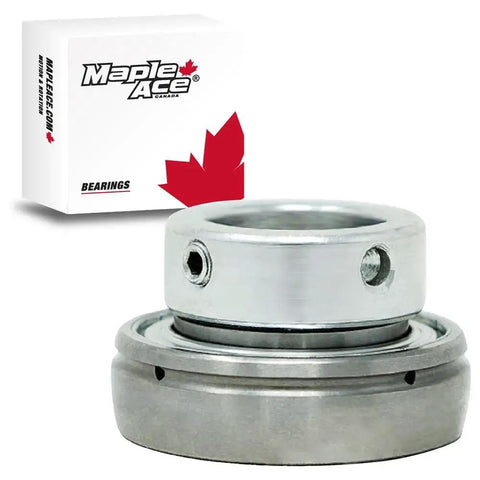 SA206-20 Insert Bearing with 1.25in Bore, spherical OD, eccentric locking collar, lubrication hole, and packaging visible.