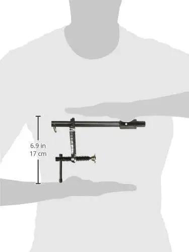 Inserta Clamp For BuildPro Tabletop with adjustable throat and T handle, showing dimensions and placement on a silhouette background.