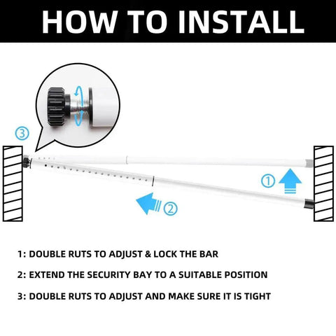 Installation guide for Adjustable Inside Mount Sliding Door Security Bar Fits 17.7 To 50.5 Inches, showing adjustment and locking steps.