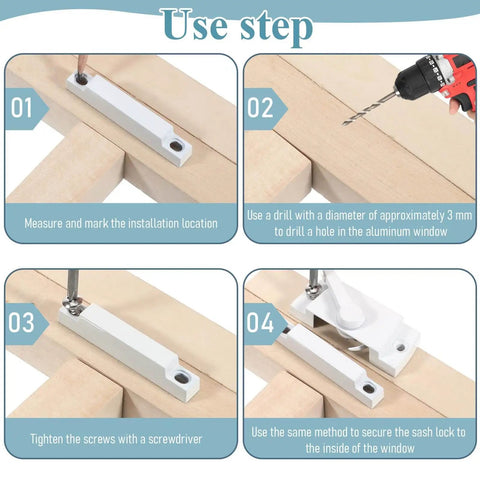 Installation steps for ten-pack diecast window sash locks with cam action on wooden window frame using screwdriver and drill.