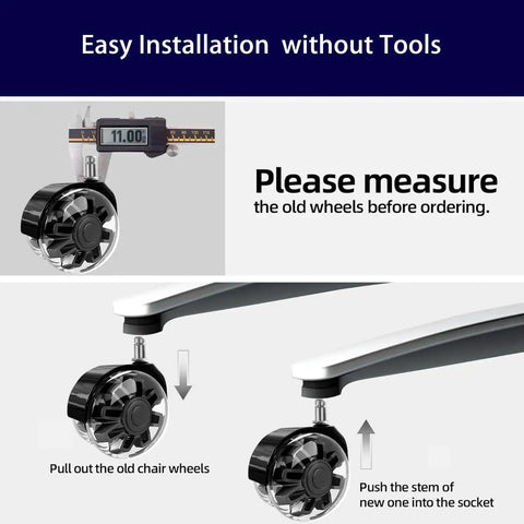 Diagram showing installation of Heavy Duty 3 Inch Office Chair Casters Set Of 5 With Quiet Dual Ball Rollers, with measurement guidance.