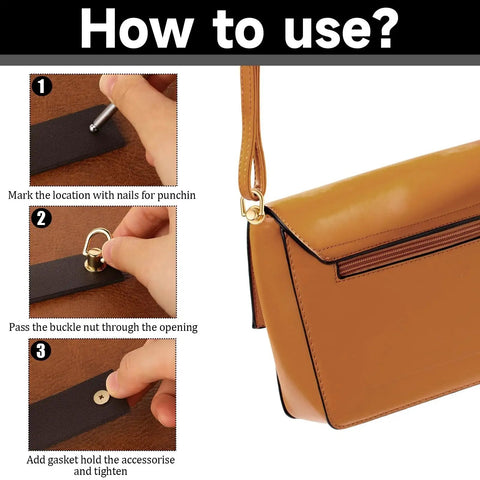 Step-by-step guide using Rotatable Ball Post Head Buttons Set of 12 Pieces With D Ring Metal Rings for bag installation.