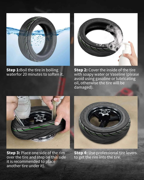 Installation steps for 9.5 x 2.50 Off-Road Tire 9.5 Inch Tubeless Tire on KQI3 Electric Scooter, including boiling, soaping, and rim fitting.