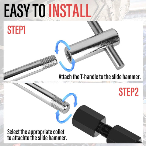 Installation steps for Motorcycle Blind Inner Bearing Puller Tool Kit, showing T-handle attachment to slide hammer.