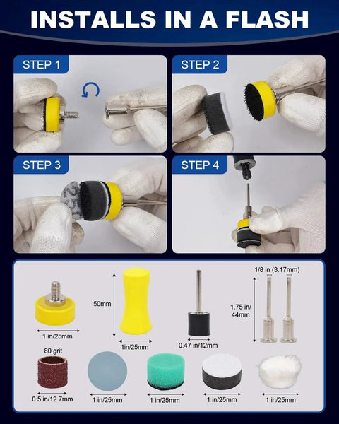 Installation guide for 1 Inch Wet And Dry Sanding Discs And Drums Kit For Rotary Tool 60 To 10000 Grit with parts shown.