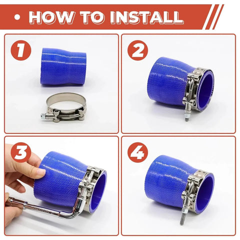 Installation steps of 6 Pack 1 Inch T Bolt Hose Clamps Stainless Steel 304 Heavy Duty Leak Proof Clamp Set for automotive use.
