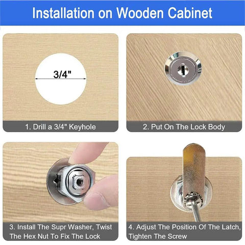 Installation guide showing how to secure cabinets, drawers, mailboxes and tool boxes with 5/8 inch keyed-alike cam locks.