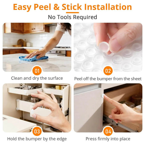 Steps to install 128 Pack Clear Rubber Cabinet Bumpers With Self Adhesive Silicone Pads for quiet soft close protection.