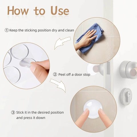 Installation guide for Six Pack Clear Silicone Door Stoppers for Walls Self Adhesive Door Bumpers to Stop Slams Round Wall Protectors.