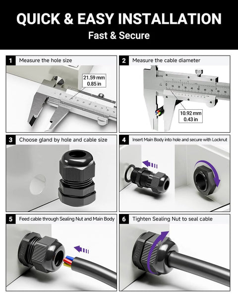Installation guide for Ten Pack One Half Inch NPT Cable Glands Nylon Waterproof IP68 Cord Connectors PA66, steps 1-6 detailed.