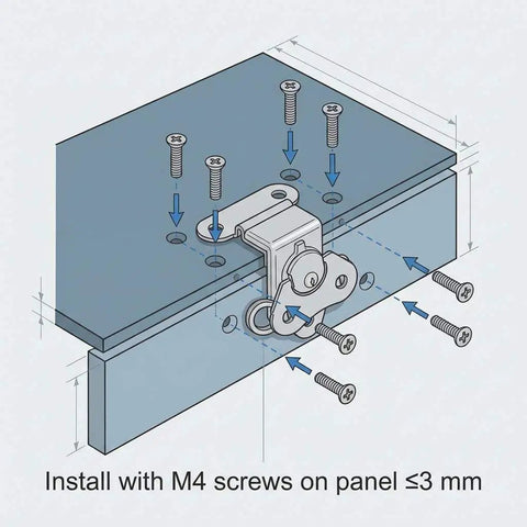 Diagram of sturdy 304 stainless steel latch set with a compact 2x1.5 inch footprint, installed with M4 screws on a panel under 3mm thick.