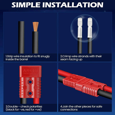 Six Piece Beefy 2 To 4 Gauge 175 Amp Battery Quick Connector Kit 12 To 36V installation guide with wire and connector close-ups
