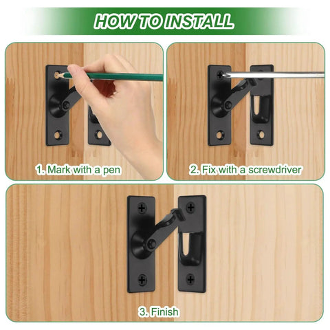 Installation guide for 1 Pack Flip Gate Latch 2 4 Inch Stainless Steel Right Angle Slide Lock with screws on wooden surface.