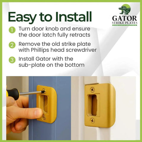 Quick DIY fix for doors that won't stay closed, this universal latch strike plate with screws installed on door, screwdriver shown