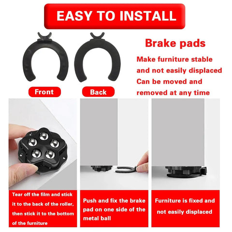 Installation steps for Self Adhesive Caster Wheels For Carpet And Large Appliances, showing brake pads and application process.