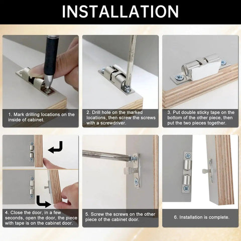 Installation process for 12Pcs Double Ball Tension Roller Cabinet Catch Latch Set 70mm Solid Brass Hardware on cabinet door.