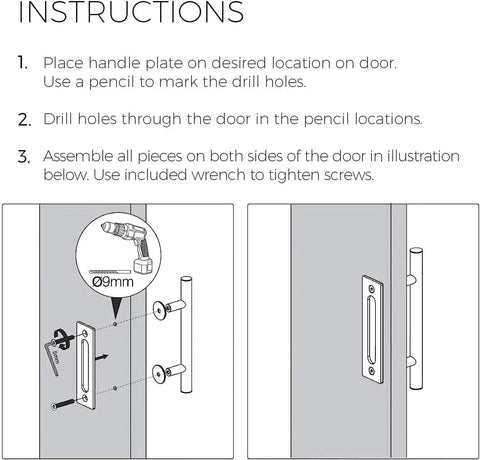 Installation instructions for Gold Barn Door Handle Kit With Latch Lock Set Brass Finish, showing drill points and assembly.