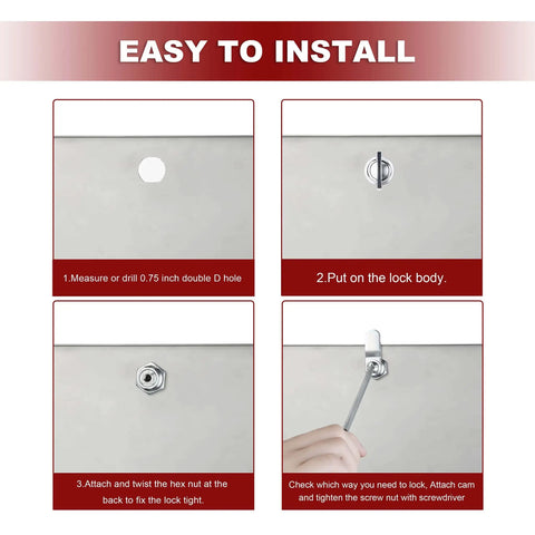 Installation steps for keyless thumb twist cam lock for RVs, boats, storage compartments, and outdoor showers shown in detail.