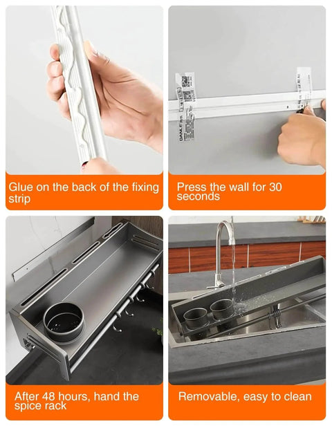 Image showing the installation process of a wall mounted kitchen rail with hooks, demonstrating glue application, wall pressing, and usage in a sink.