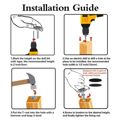 Installation guide for Four heavy duty M10 swivel adjustable leveling feet with T Nut for screw on cabinet, table, and chair legs.