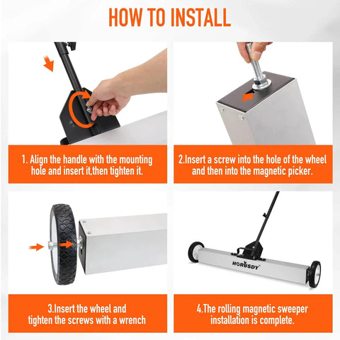 Seventeen Inch Rolling Magnetic Sweeper With Wheels And A Single Unit Adjustable Handle Eight Point Eight Pound Capacity Heavy Duty Magnet For Lifting Nails Screws Staples And Other Metal Debris From Floors Ideal For Construction Sites Garages And installation instructions diagram.