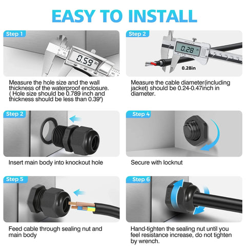 Installation steps for 10 Pack Half Inch NPT Waterproof Cable Glands IP68 Rugged Heavy Duty Nylon PA66 Strain Relief Wire Grommet Cord Grip.