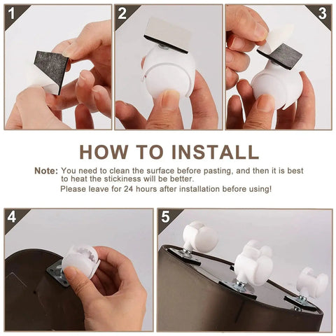 Installation steps for 8 Piece 1 Inch Free Punching Pastable Plate Caster With Stickers And Screws Self Adhesive Swivel 360 Degree Rotation Universal Wheel For Small Appliances Furniture Trash Cans Storage Boxes.