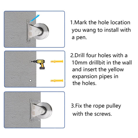 Diagram showing installation of V Type Groove Wheel Pulley Stainless Steel Silent Pulley Block with wall mounting instructions.