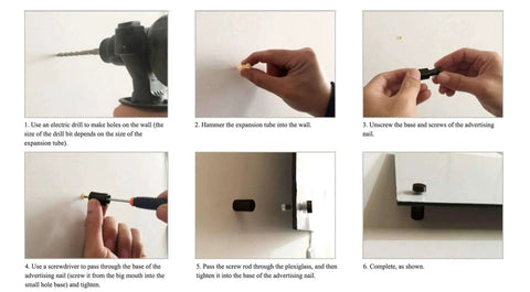 Step-by-step installation of 12 Pcs Stainless Steel Wall Sign Standoff Screws One Half Inch By Zero Point Seven Eight Inch Black Mounting Hardware