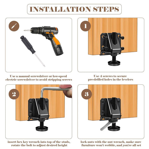 Installation steps for Heavy Duty Leveling Feet 4 Pack Adjustable Furniture Levelers With 1320 Lb Capacity