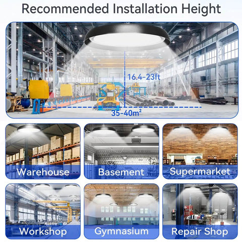 Installation guide for Eight Pack 200W LED High Bay Light UFO Style With 30000 Lumen 6000K Daylight 2000W Equivalent in various spaces