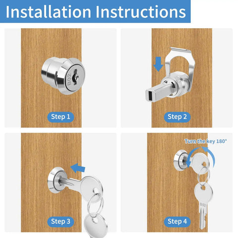 Upgrade your toolbox security with a heavy-duty zinc alloy cam lock featuring 180° rotation for easy access, installation steps shown.