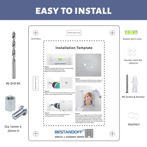 Installation guide for a crystal-clear floating picture frame with diamond-polished acrylic edges and durable silver aluminum standoffs.