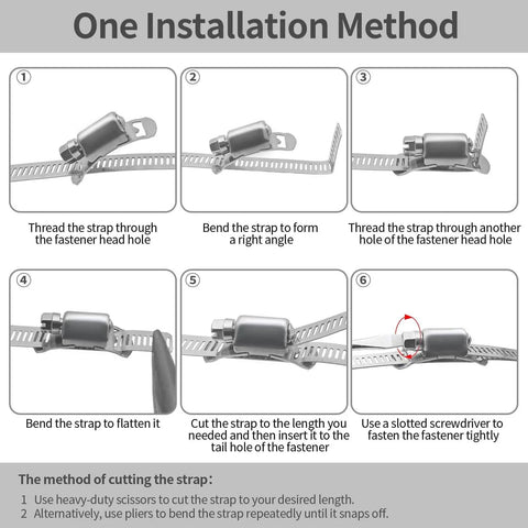 DIY Cut To Fit Hose Clamp Kit installation steps with 30 feet strap and 30 fasteners in stainless steel large worm gear band clamp assortment.