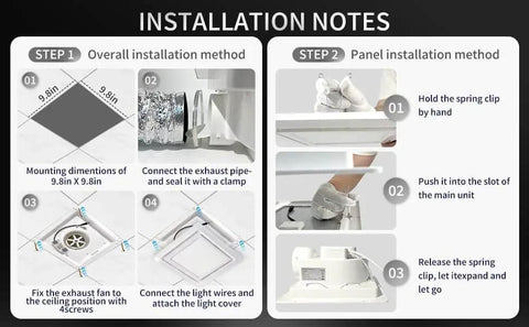 Bathroom Exhaust Fan With Light And LED Panel, 11.8 Inch Square, 120 CFM, low noise instructions showing installation steps