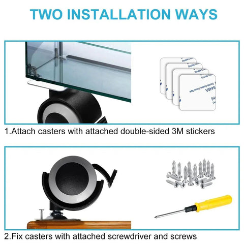 Installation methods for 1.5 Inch Rubber Caster Wheels Top Plate For Moving Drawer Cabinet Table Cart With 360 Degree Rotation And 132 Lbs Load Capacity Set Of 4 Furniture Casters Safe Floor Glide On Wood Hardwood Laminate Tile Vinyl Carpet using screws and 3M stickers.