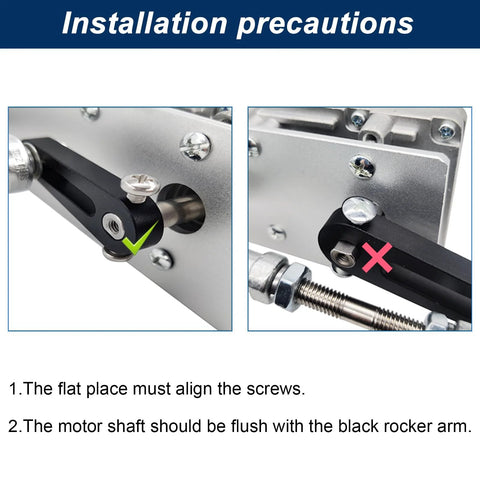 JQDML reciprocating linear actuator: left shows proper rocker-arm mounting; right shows improper screw alignment.