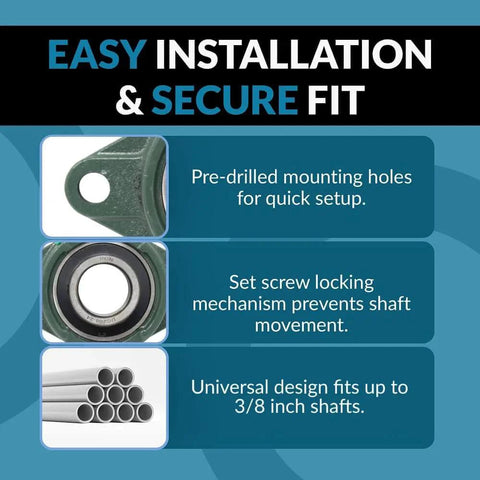 UCFL205-16 Pillow Block Bearing details with pre-drilled holes, set screw locking, and universal design for 3/8 inch shafts.