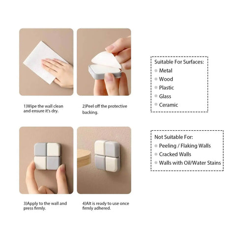 Installation steps for six sturdy 1 cm thick square door stoppers with strong self adhesive pads on walls and cabinets.