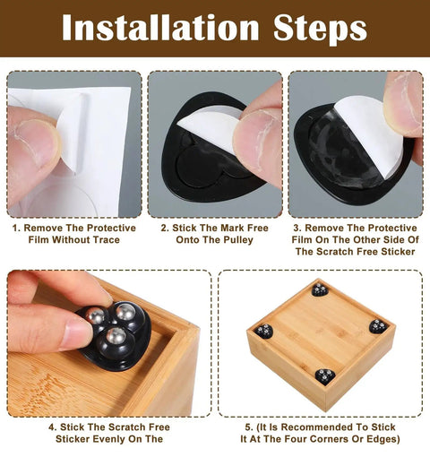 Installation steps for Adhesive Caster Wheels For Appliances, 360 Swivel Mini Rollers With Self Adhesive Tape on wood.