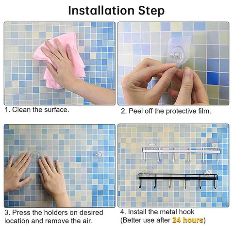 Installation steps for Adhesive Wall Hooks Rack Kitchen Rail, showing cleaning, peeling, pressing, and mounting on tiled wall.