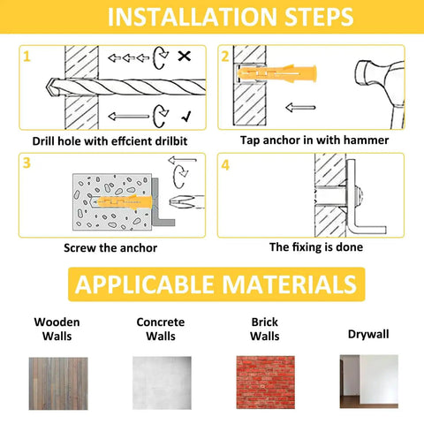 Installation steps for using the Drywall Anchors And Screws Assortment Kit With Organizer Box 280 Pieces on various materials.